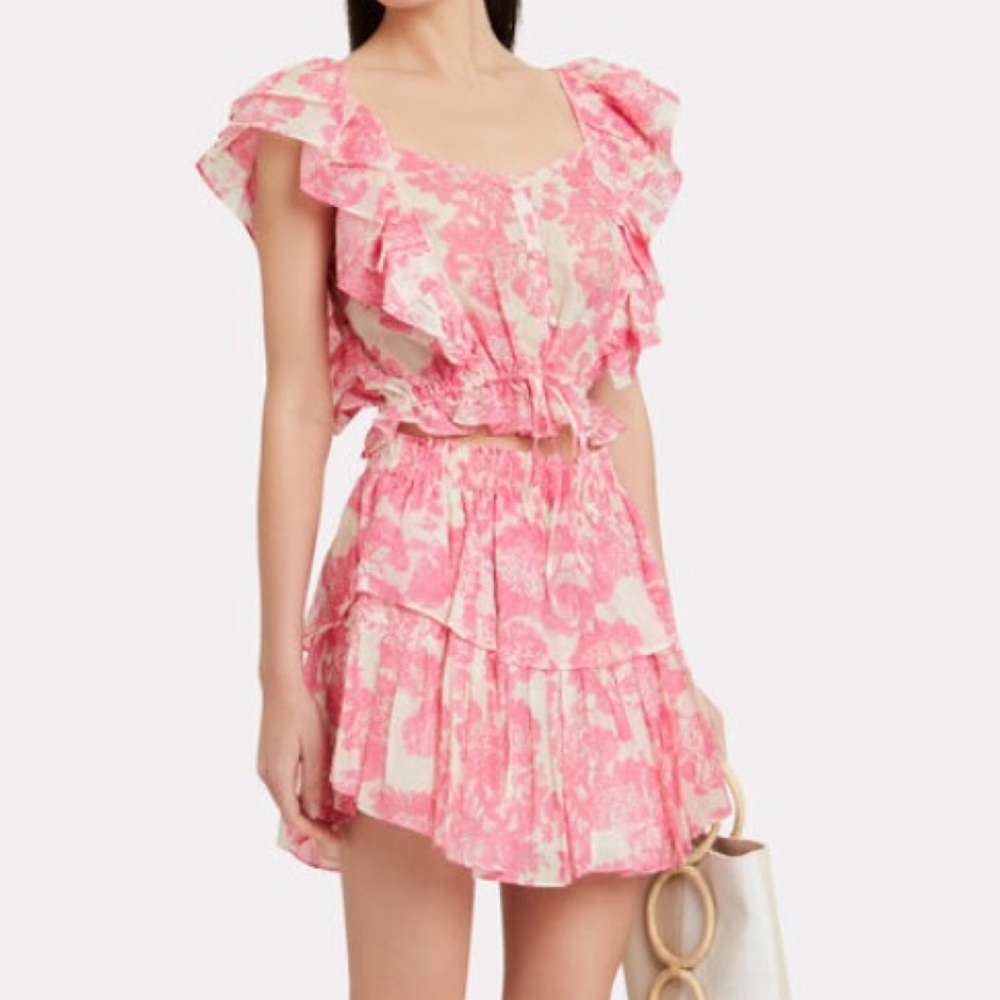 LoveShackFancy Pink and White Ruffled Skater Mini Skirt and blouse